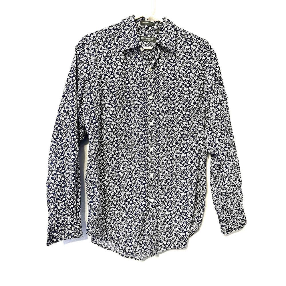 Lyle & Scott 100% Combed Cotton long sleeve button down navy Blue flowers size M